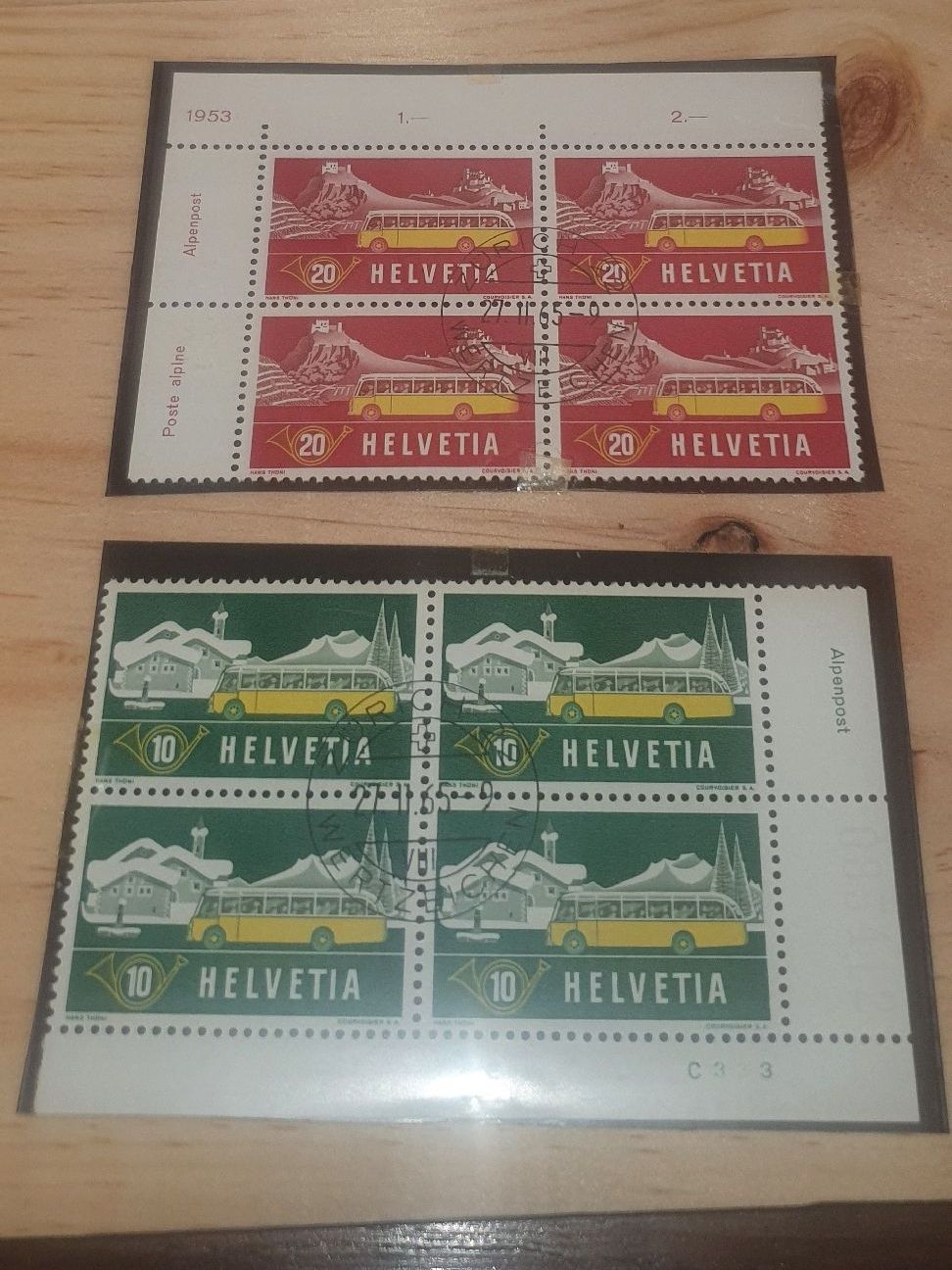 Alle Briefmarken: Schweiz Postauto 1953 2er Blöcke gestempelt – Gebraucht aus Zollikerberg von Nice_Name
