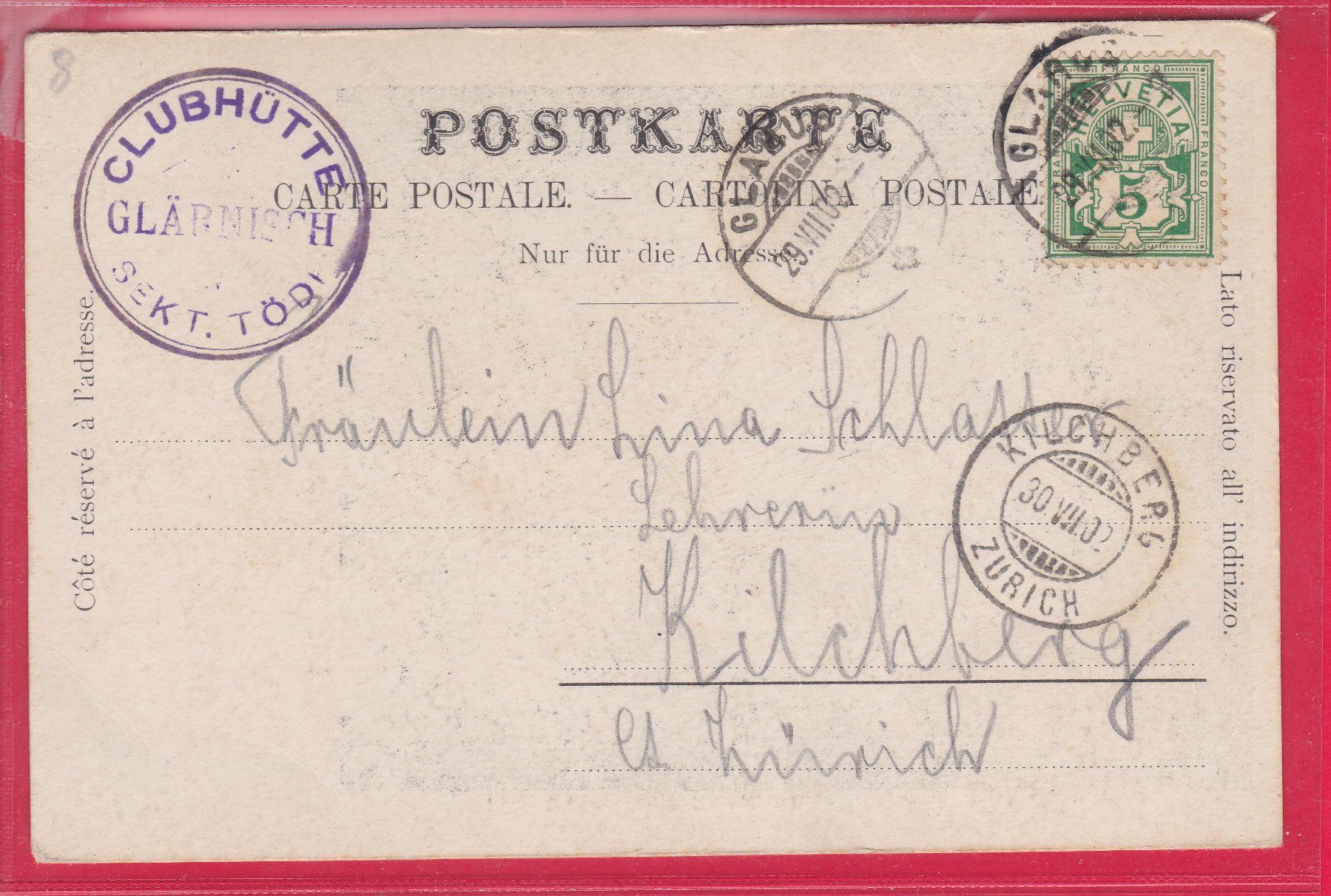 Cartoline postali: DIE KLUBHÜTTE AM GLÄRNISCH, 29.7.1902 – Usato da Oberrieden venduto da Gebirgsstelze 1