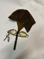 Antike Fliegerhaube mit Brille Leder braun