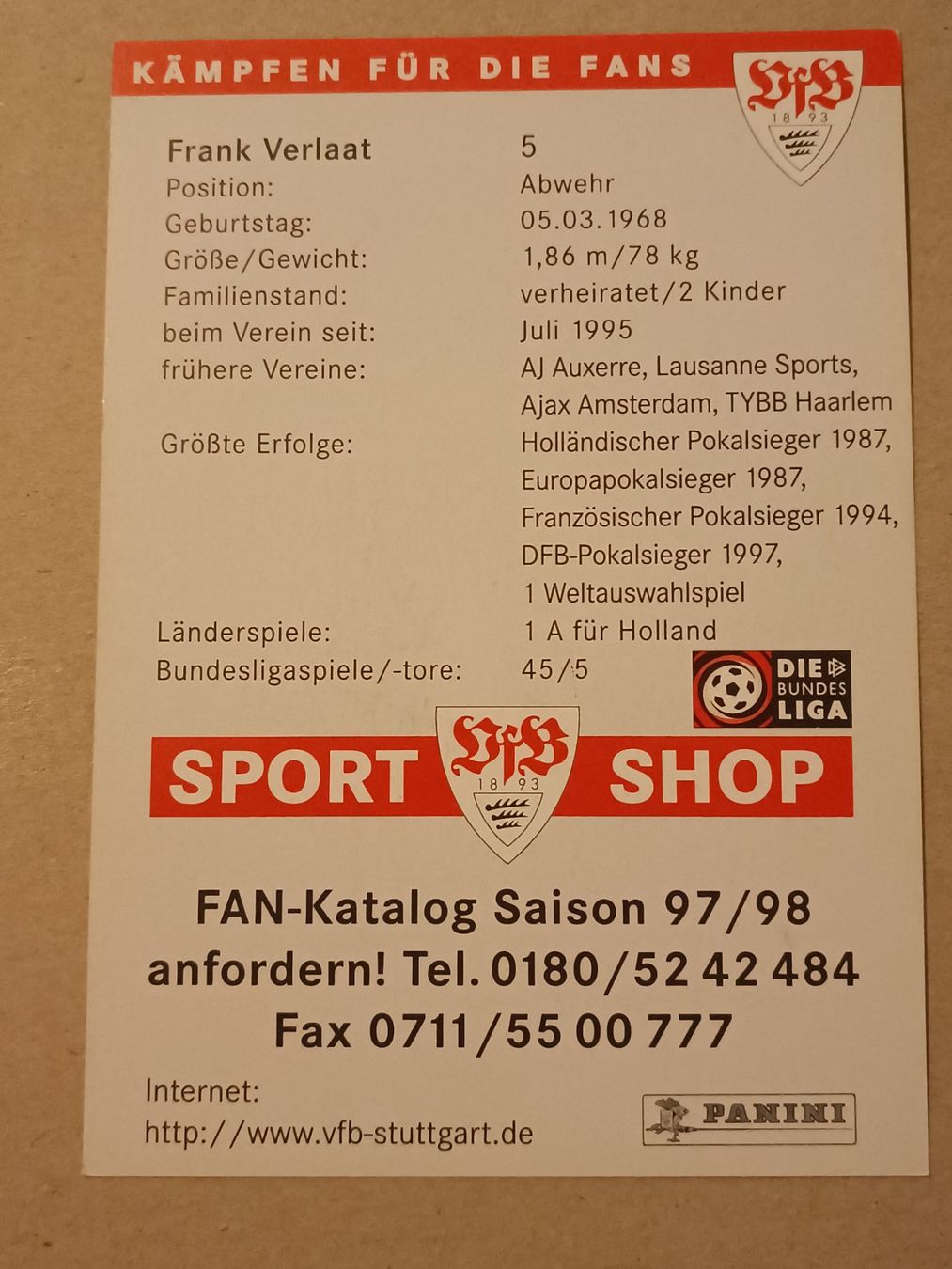 Autogramme: Frank Verlaat - handsignierte VfB Stuttgart Autogrammkarte – Gebraucht aus Menziken von Artographs 1