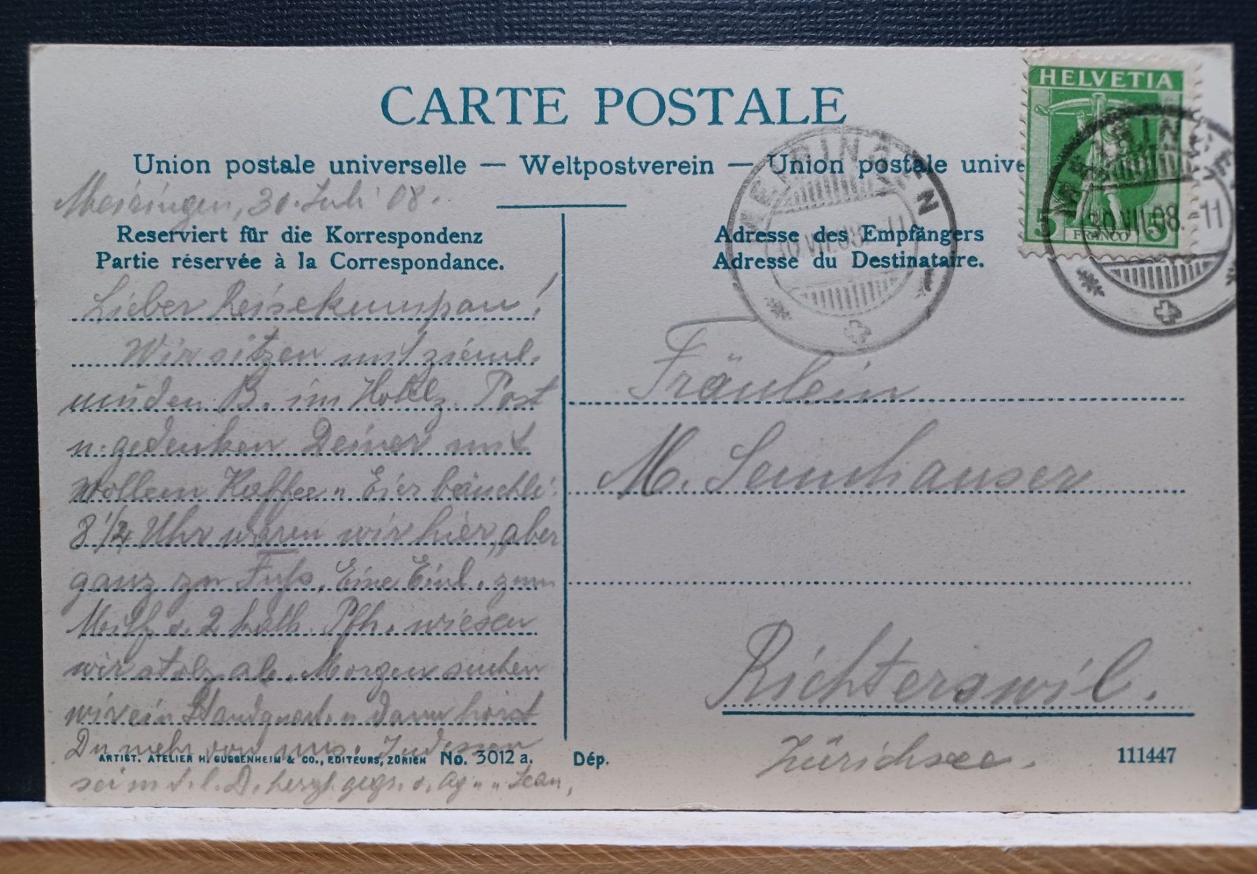 Cartoline postali: No. 3012 a, Grimsel-Strasse, Nägelisgrätli, 1908 – Usato da Aarau Rohr venduto da mgvw 1