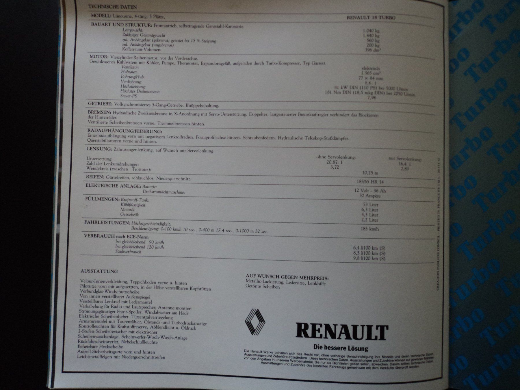 Renault Documenti: Prospekt Renault R18 Turbo ca. 1981 – Usato da Schwarzenburg venduto da modelCARama 8