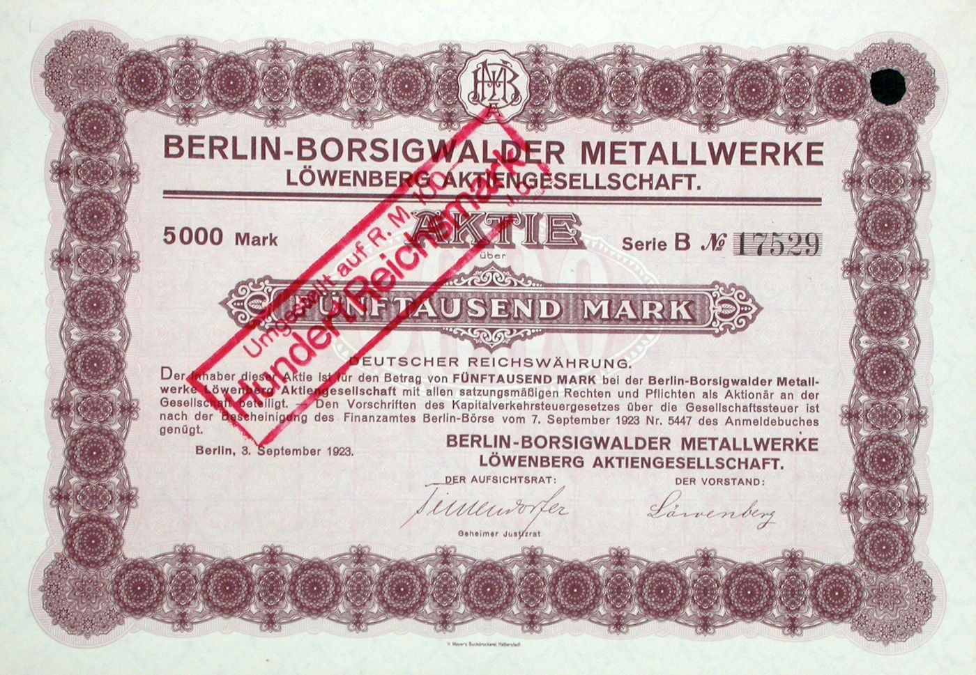 Documenti: Berlin-Borsigwalder Metallwerke Löwenberg, Berlin - 1923 – Usato da Solothurn venduto da Sgasche
