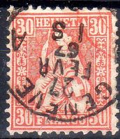 SITZENDE HELVETIA 30 FRANCO GEST. GENEVE WEISSES PAPIER-NE23