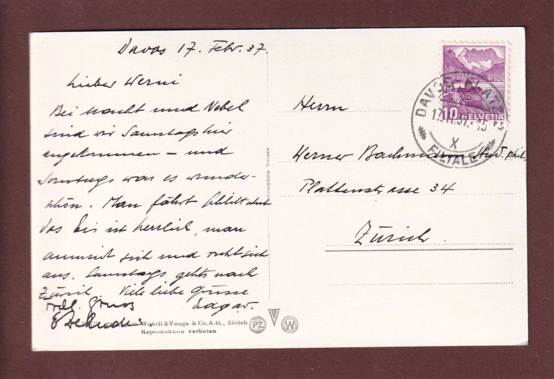 Cartoline postali: DAVOS - 1937 – Usato da Pully venduto da nicecards 1