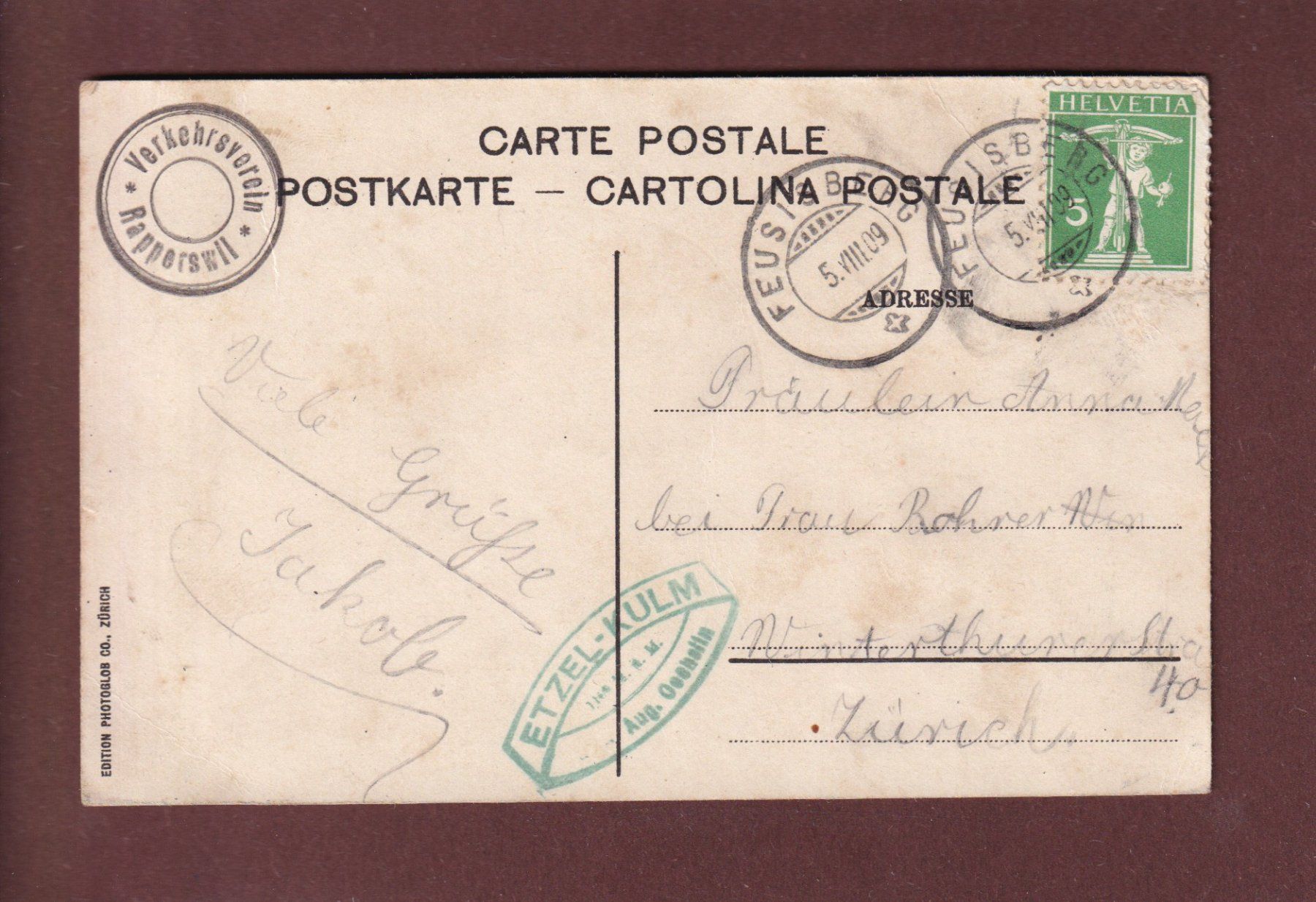 Cartoline postali: RAPPERSWIL - 1909 – Usato da Pully venduto da nicecards 1
