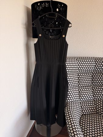 Maje Dress black size 38 pleated knit Buttons straps