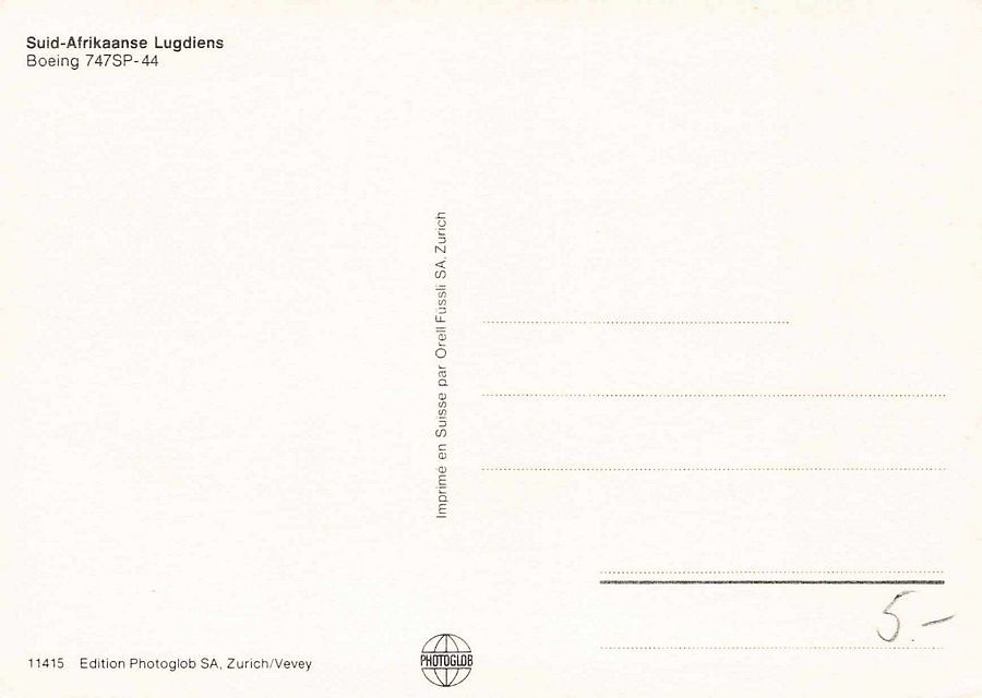 Cartoline postali: Suid-Afrikaanse Lugdiens, Boeing 747SP-44 – Usato da Frauenfeld venduto da POML 1