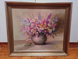 Blumenstrauss in Vase – Ölbild auf Leinwand, signiert