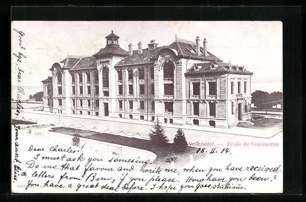 Cartoline postali: AK Neuchâtel, Ecole de Commerce, 1904 – Usato da Berlin venduto da bartko-reher