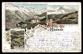 Lithographie Mürren, Bahnhof & Hotel des Alpes, Mürrenbahn, 