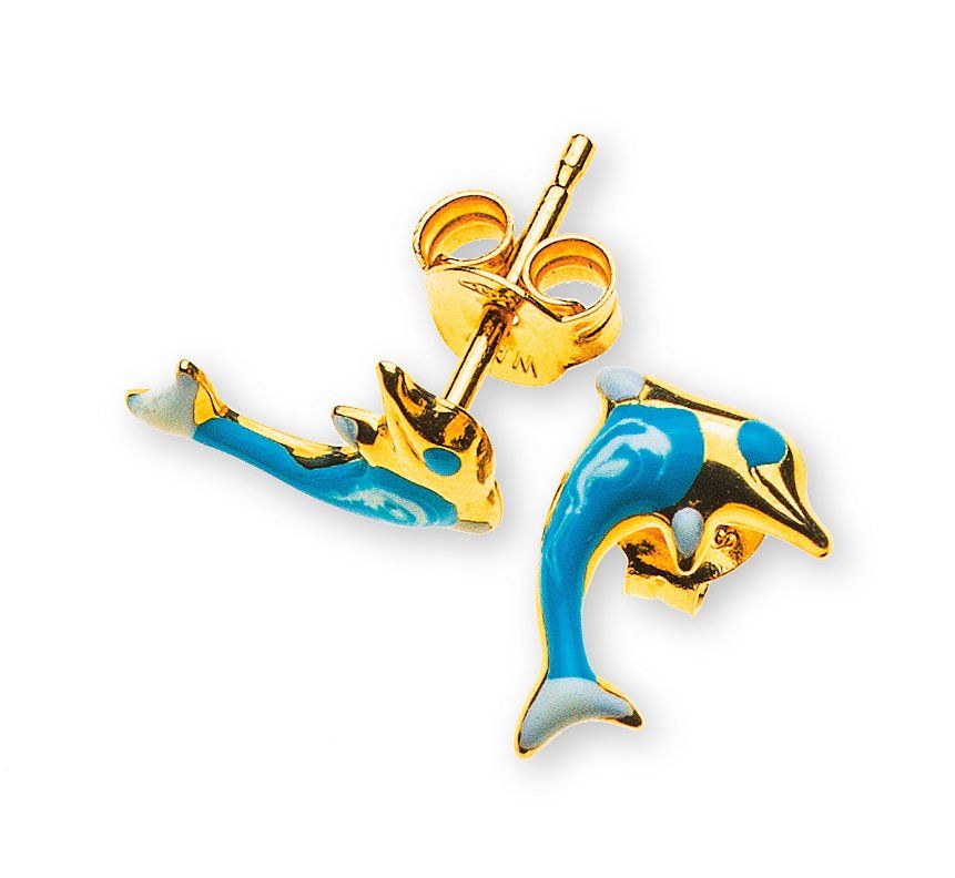 Orecchini pendenti & Orecchini a lobo: Ohrstecker Delfine Gelbgold 750 hellblau – Nuovo e nell'imballaggio originale da Grenchen venduto da JAP_Jewellery