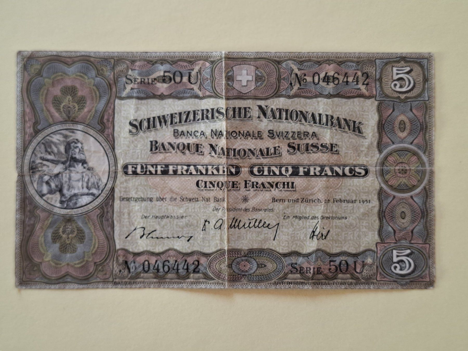 Banknoten: 5 Franken Banknote gebraucht (1951) – Gebraucht aus Beckenried von newmap