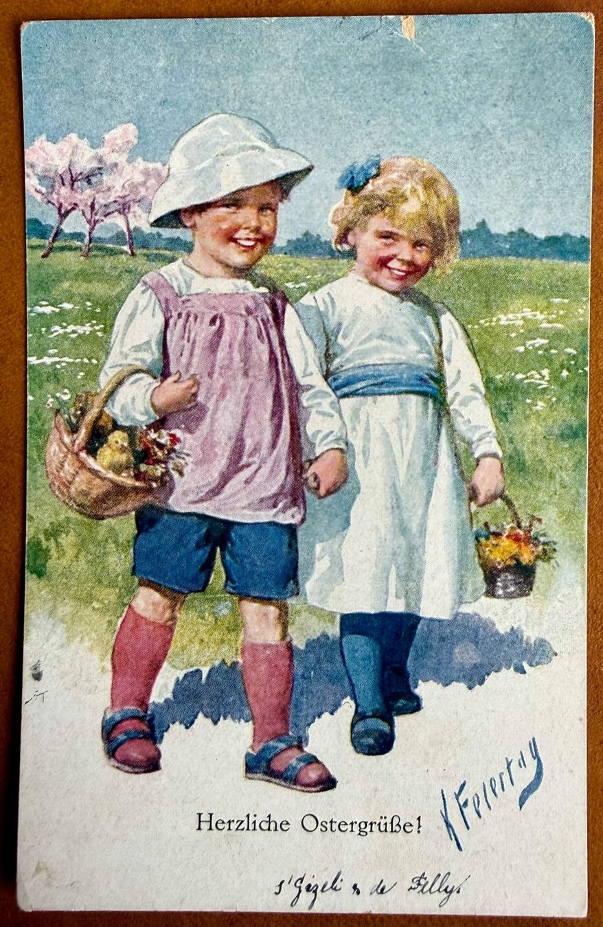 Cartoline postali: Fröhliche  Ostern - Joyeuse Pâques  - Kinder 1920 – Usato da Lutry venduto da Ediego
