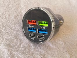 🩵 Ladegerät mit LED RING, USB-C/ USB für Auto, 6-Port.