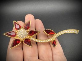 Große Vintage-Brosche mit roten Blumen und Strasssteinen