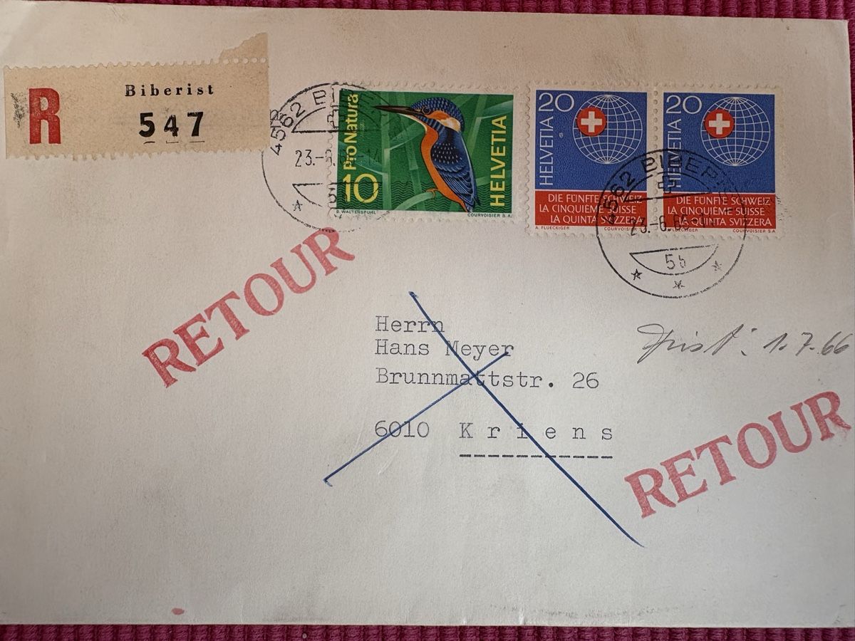 Alle Briefmarken: R-Brief retourniert von 1965 – Gebraucht aus Wohlen AG von Eschiedsrichter