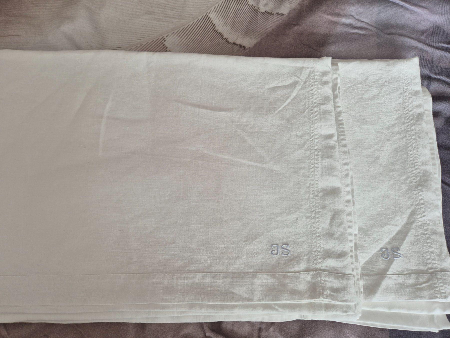 Biancheria da letto: Vintage Leinen Bettwäsche Set, Initialen JS, 240x172 cm – Usato da Bern venduto da aronari 1