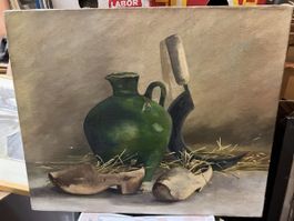 Huile sur toile nature morte broc sabot et faucille huile