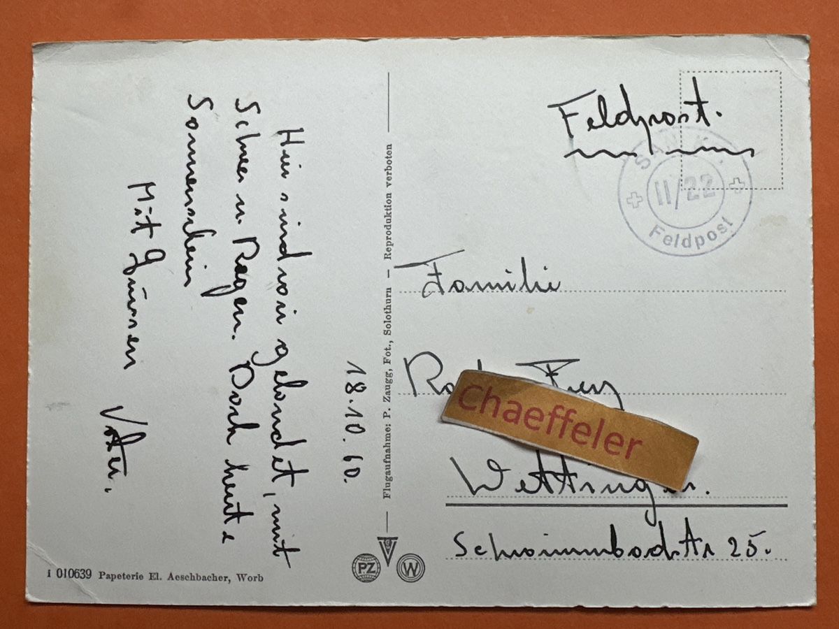 Ansichtskarten: 1960 Feldpost: Worb und die Berneralpen – Gebraucht aus Zürich von Chaeffeler 1