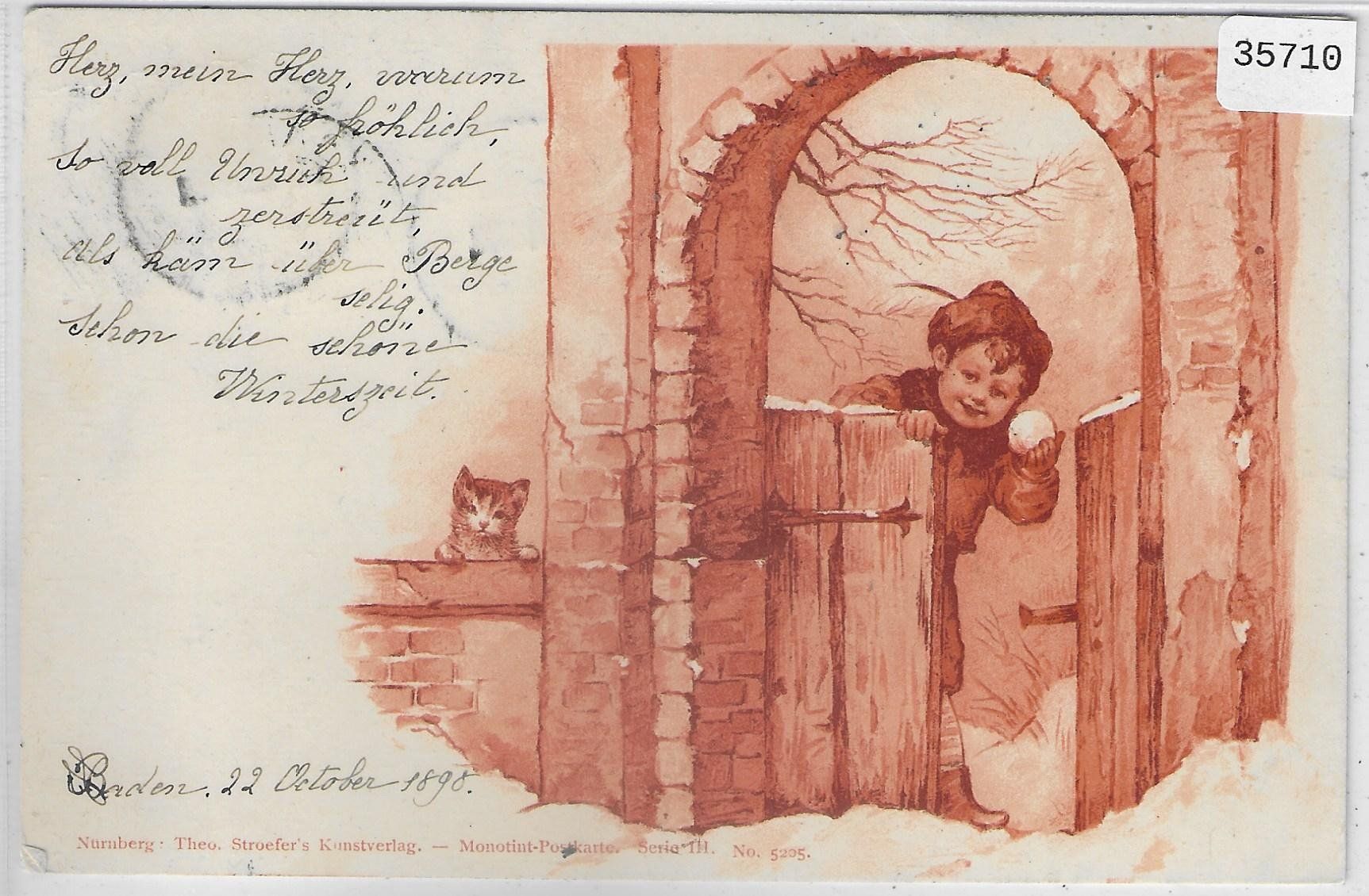 Cartoline postali: Monotint-Litho - Winter - Knabe mit Schneeball, Katze 1898 – Usato da Ettingen venduto da Kartenplanet