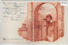Monotint-Litho - Winter - Knabe mit Schneeball, Katze 1898