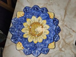 Doppelte Keramikschale blau-weiss mit Sommer Design