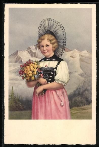 Cartoline postali: Schweizerin in Tracht mit Blumenstrauss – Usato da Berlin venduto da bartko-reher