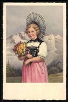 Schweizerin in Tracht mit Blumenstrauss