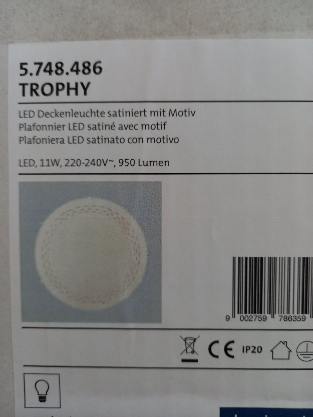 Lampadari & plafoniere: LED Deckenleuchte satiniert mit Motiv, unverpackt! – Nuovo e nell'imballaggio originale da Sennhof (Winterthur) venduto da HG2019