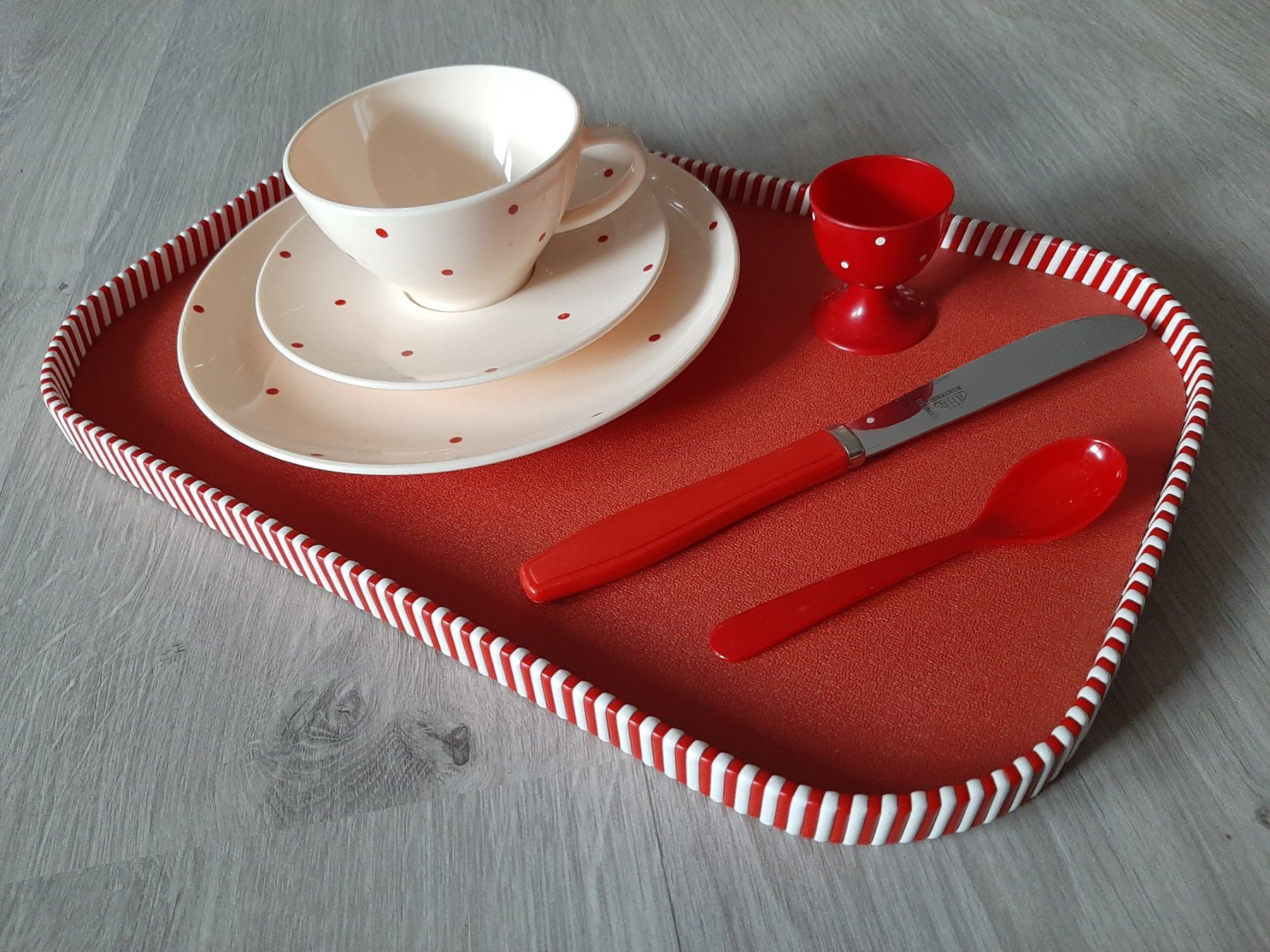Set di piatti: 50er 60er Mid Century Tablett Gedeck Oldtimer Camping Set – Usato da Erschwil venduto da Karabella