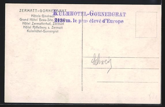 Ansichtskarten: AK Gornergrat, Hotel Kulm et le Cervin – Gebraucht aus Berlin von bartko-reher 1