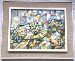 Kubistisches Landschafts-Aquarell - „Lorenz 58“ - gerahmt