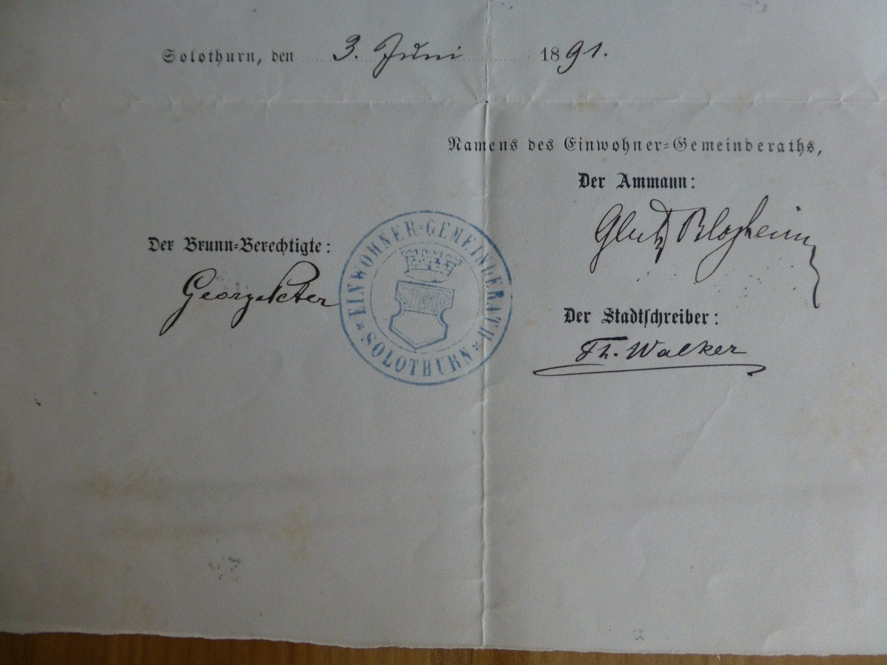 Dokumente: Solothurn, Brunnen= Concession 1891 – Gebraucht aus Bettlach von 1saurer 1