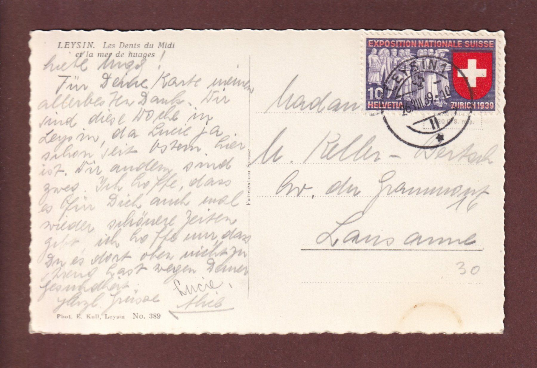 Cartoline postali: LEYSIN - Dents du Midi - 1939 – Usato da Pully venduto da nicecards 1