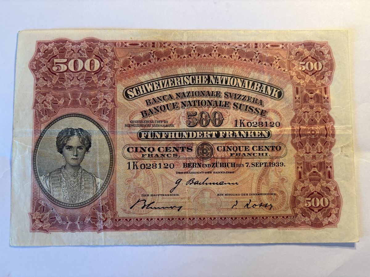Banconote: Schweiz 500 Franken Banknote 1939 VF – Usato da Möhlin venduto da Don_Papa