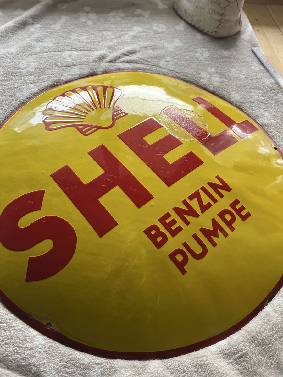 Shell Insegne: Shell Benzin-Pumpe Schild,  Emailschild – Usato da Mellingen venduto da Oelquelle 7