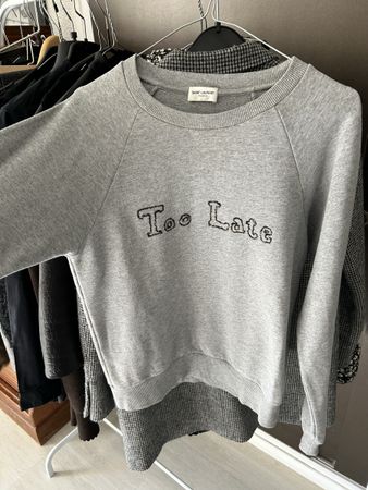 Sweatshirt Saint Laurent gris inscription Too Late état