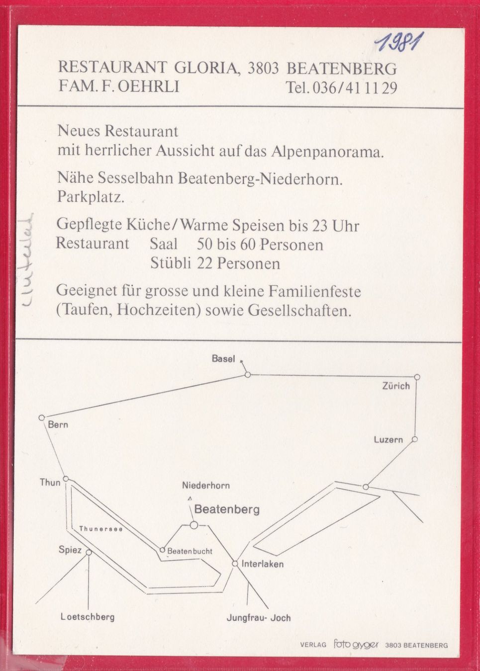 Cartoline postali: WERBEKARTE, BEATENBERG, RESTAURANT GLORIA – Usato da Oberrieden venduto da Gebirgsstelze 1