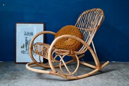 Rocking Chair Design Années 60 en Rotin et Bambou Naturel