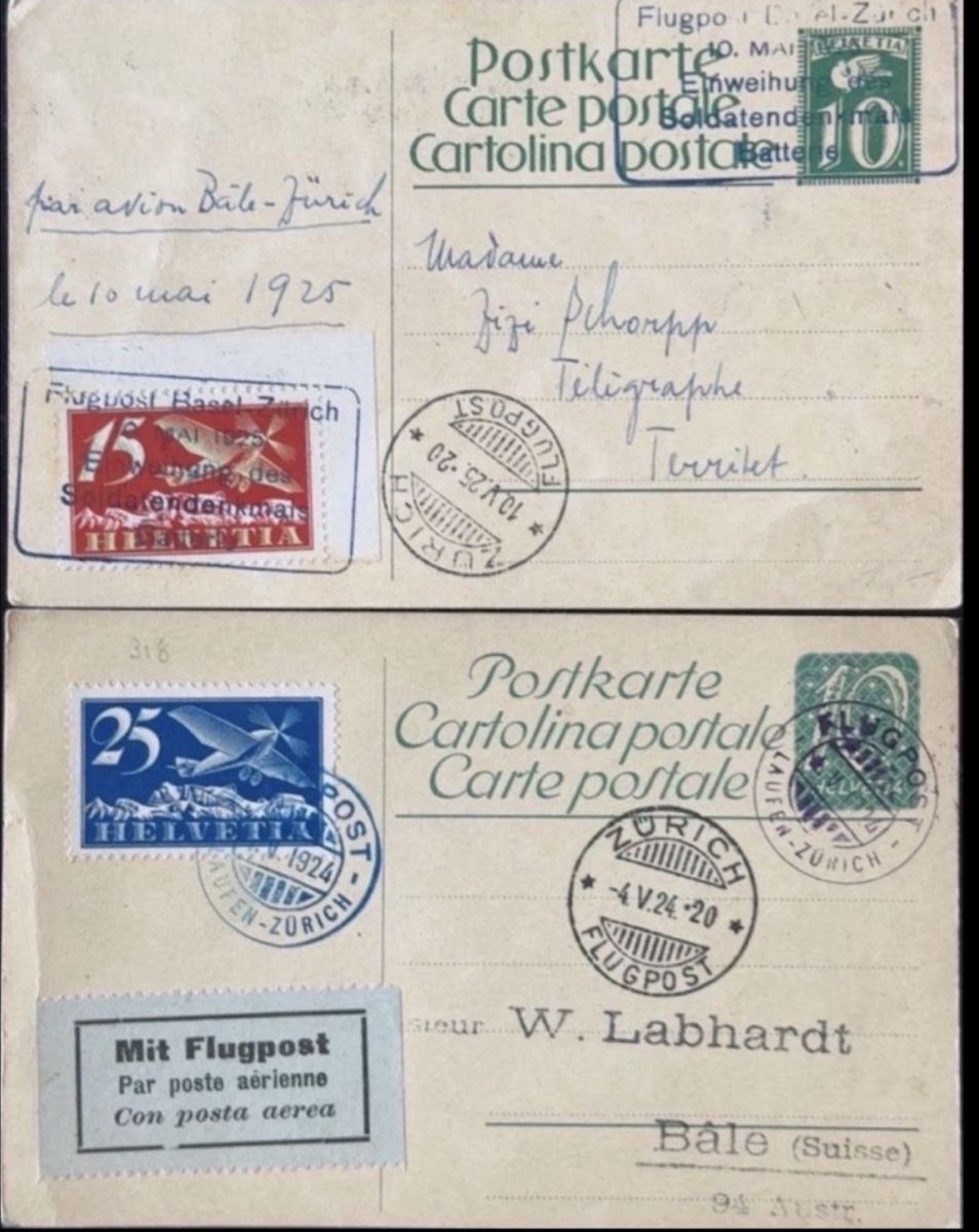 Cartes postales: Zwei Ansichtskarten mit Flugpoststempel 1925 und 1924 – D'occasion à birsfelden par tim0444