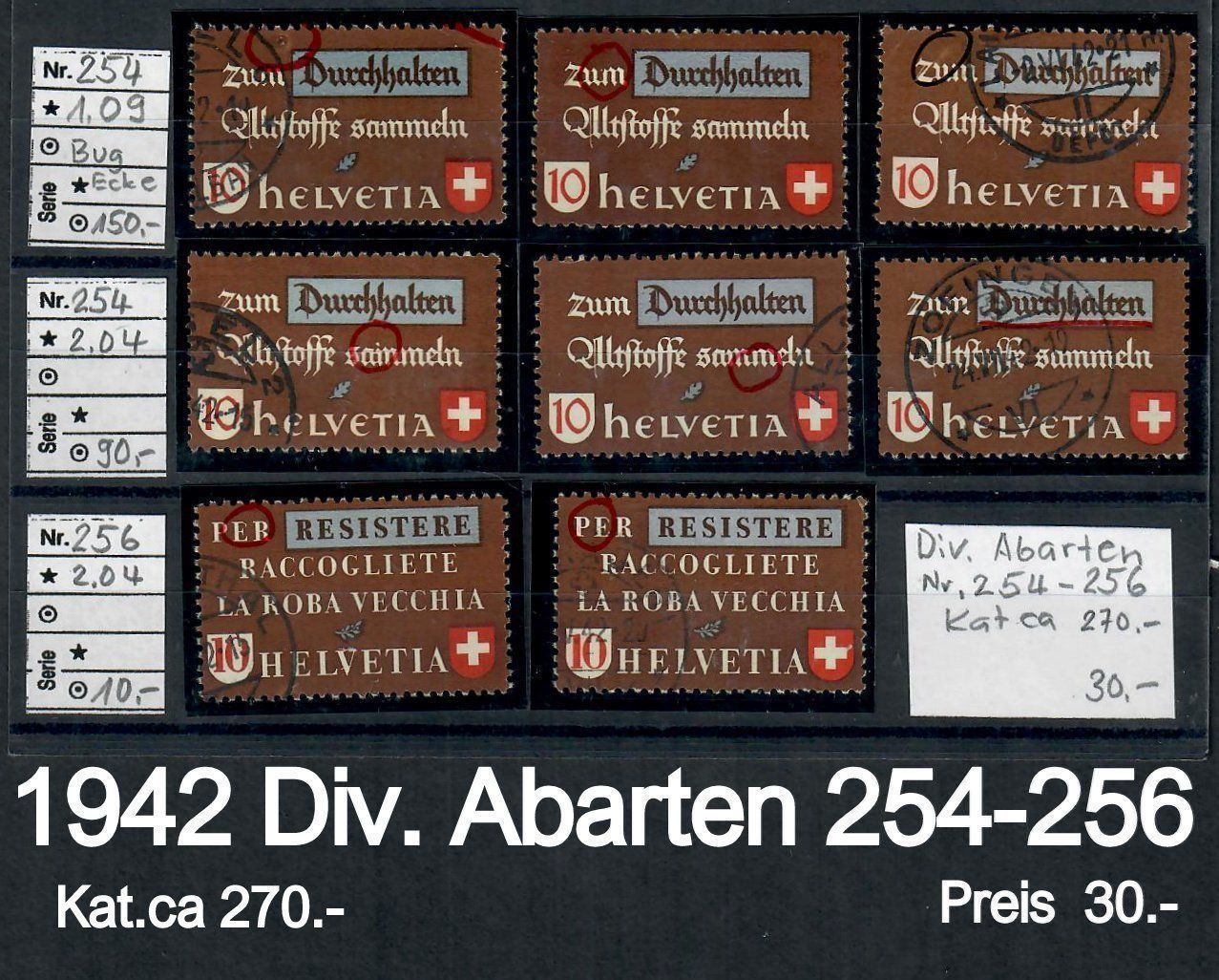 Tutti i francobolli: 1942  Div. Abarten-Marken SBK Kat.270.- – Usato da Bützberg venduto da Die.6.a 1