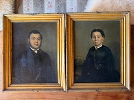 Biedermeier Ehepaar um 1850 auf Weissblech gemalt  n. sign.