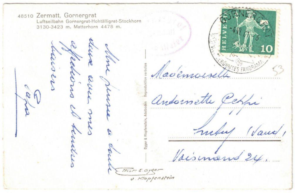 Cartoline postali: Zermatt - Luftseilbahn Gornergrat--Hochtäli – Usato da Binningen venduto da Mountainrider 1