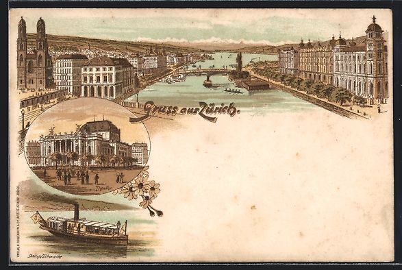 Cartoline postali: Litho Zürich, Ortspartie mit Limmat, Th – Usato da Berlin venduto da bartko-reher