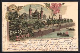 Litho Zürich, Tonhalle und Kirche, 1898