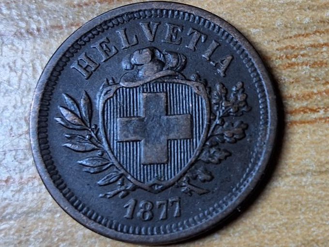 Tutti le monete: 1 Rappen 1877 - SELTEN! – Usato da Münchenstein venduto da purbach1 2