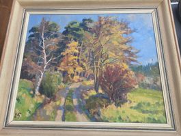 Gemälde C. Gönterweiler 1960 Waldweg Herbst Motiv Ölgemälde