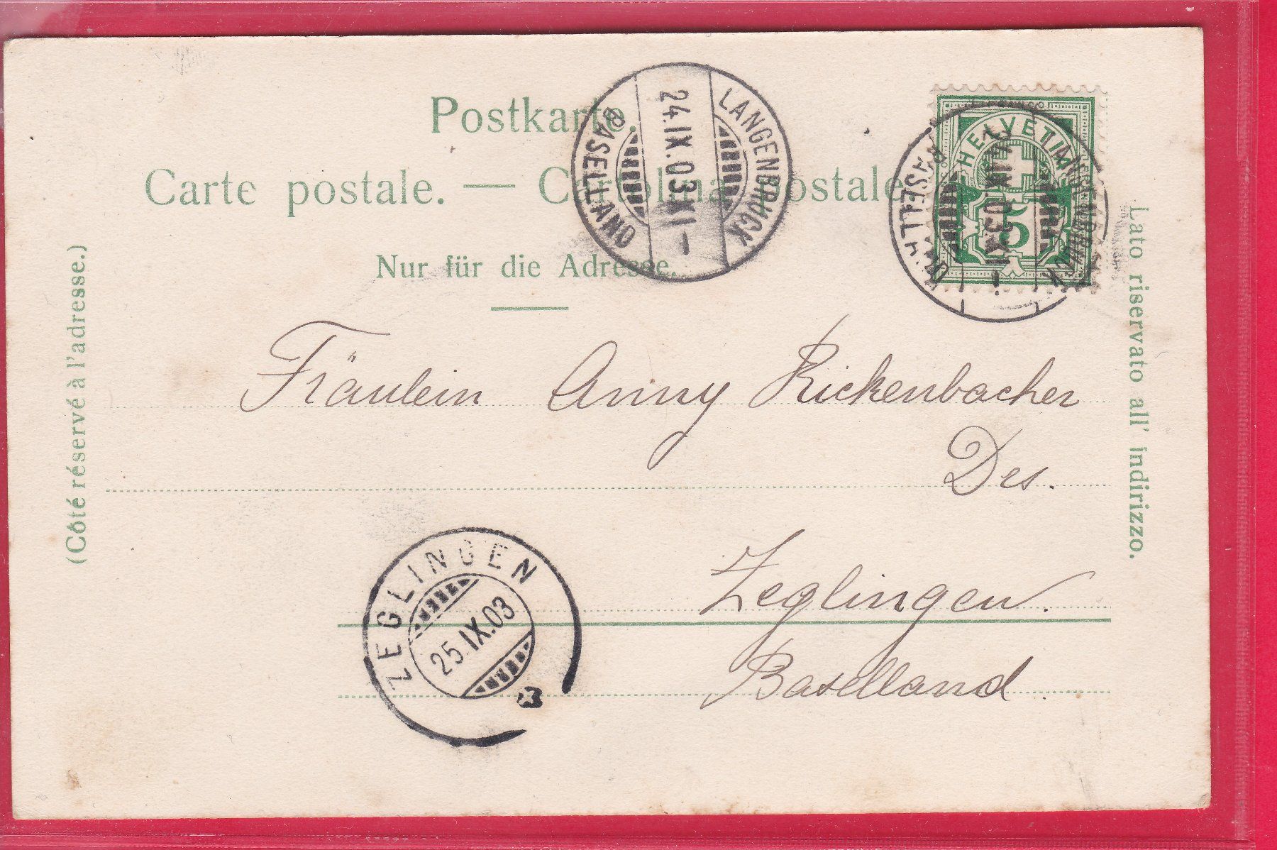 Cartoline postali: DIE WANNENALP, 24.9.1903 – Usato da Oberrieden venduto da Gebirgsstelze 1