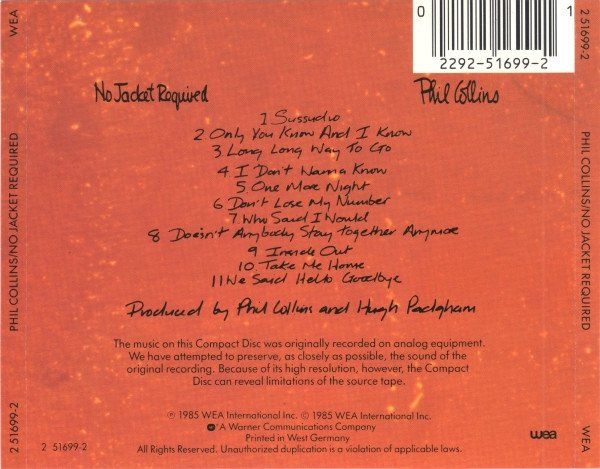 CD: CD Phil Collins - No jacket required (1985, Target) – Usato da Möriken AG venduto da mineralia 1